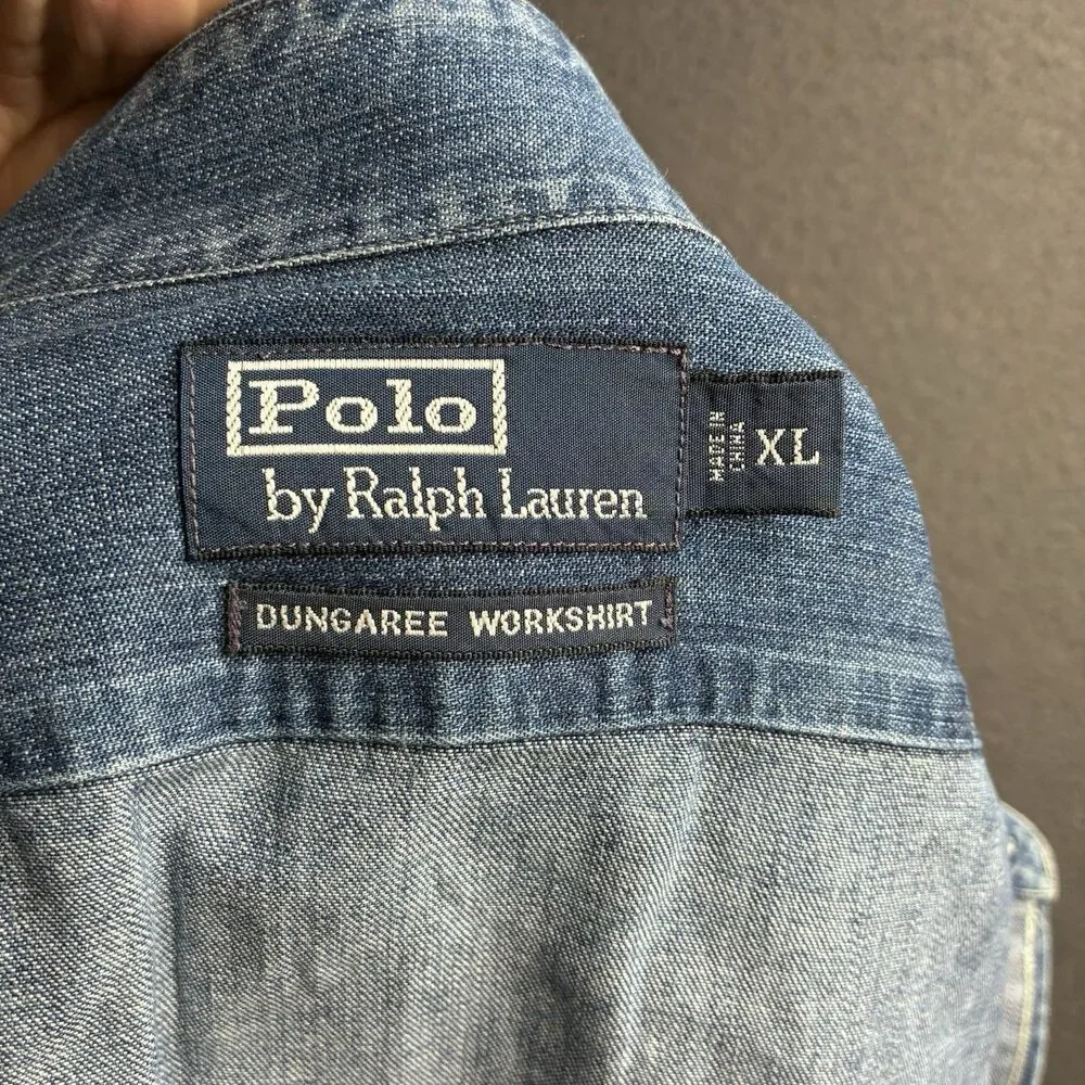 Vtg Polo Ralph Lauren Vintage Dungaree Work Shirt XL 52” RRL Style Indigo Denim